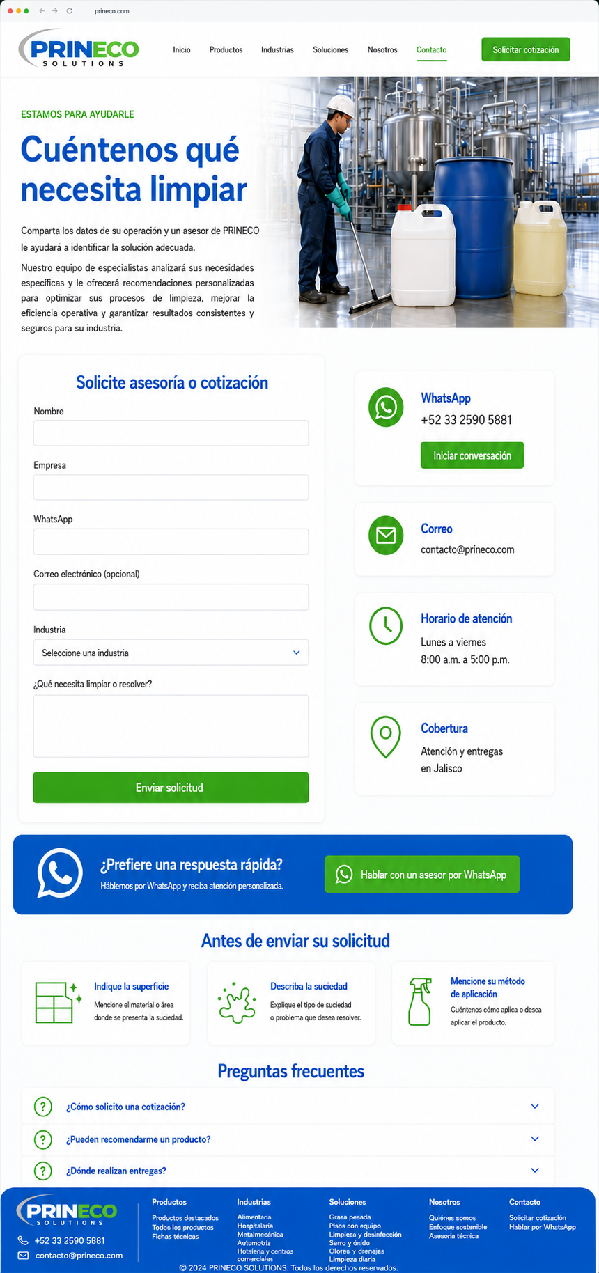 Productos químicos y operación de limpieza